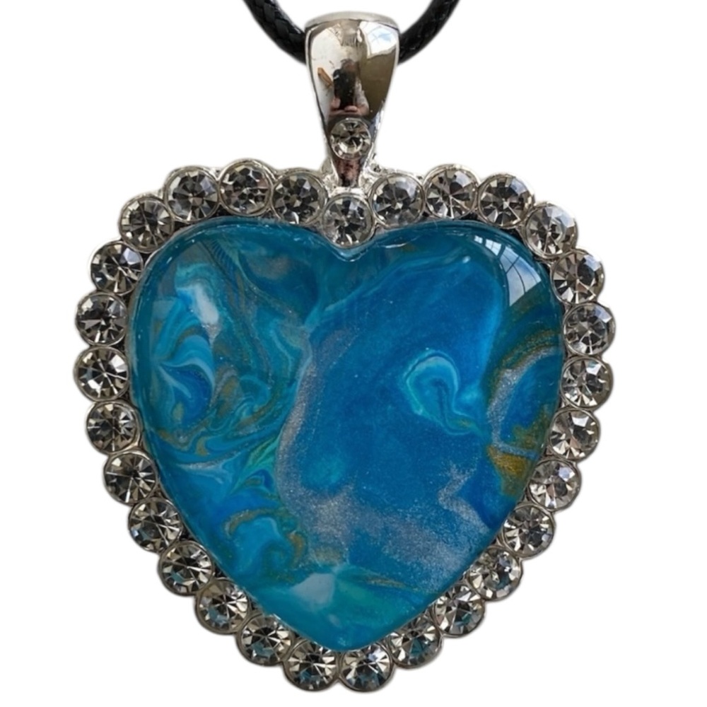 Hand Crafted Heart Pendant Necklace Blue Rhinestone Fluid Art Svetlana Yeung